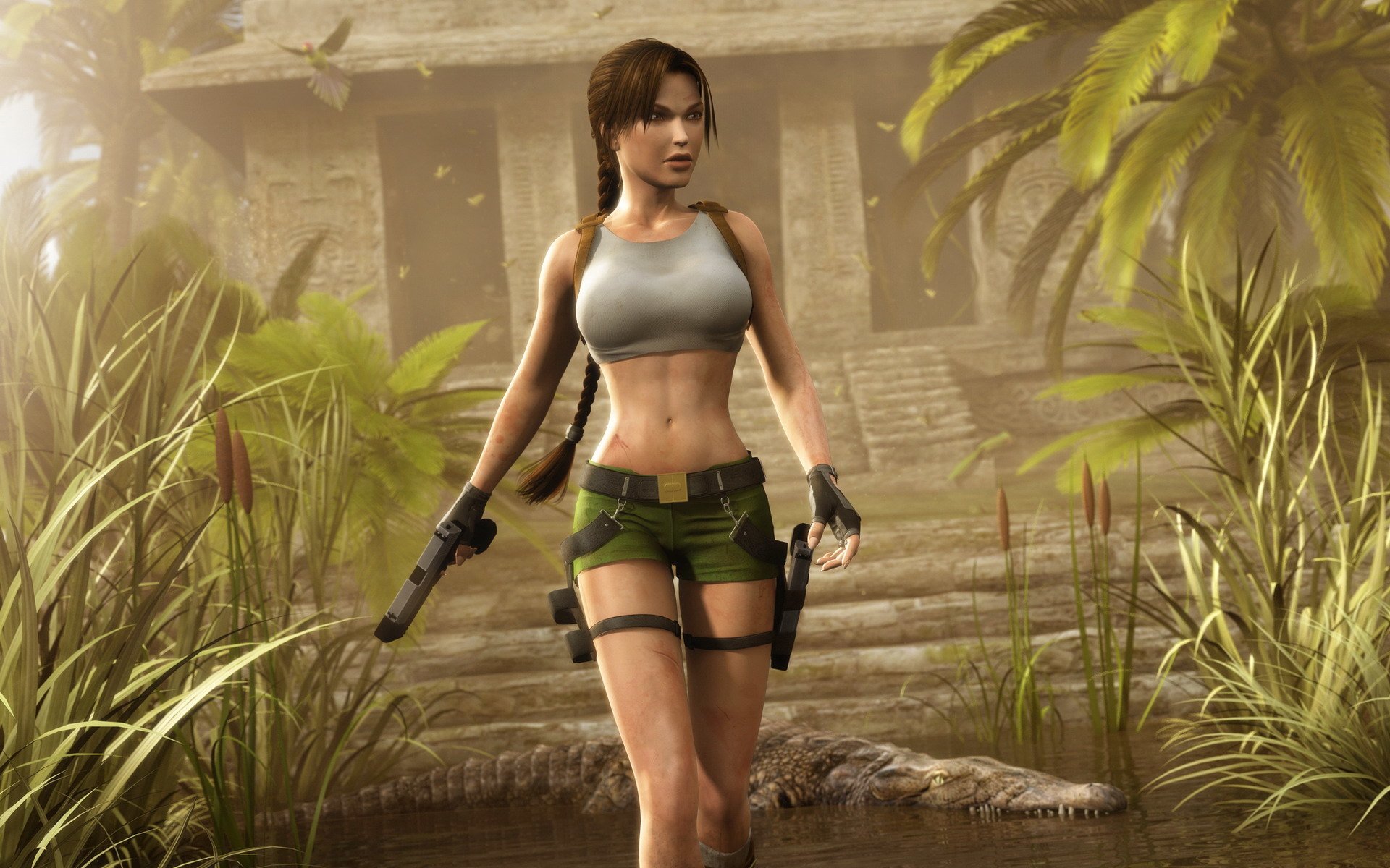 Lara Croft confidently navigates a lush jungle, ready for adventure. This iconic character from the Tomb Raider video game series showcases her strength and determination.