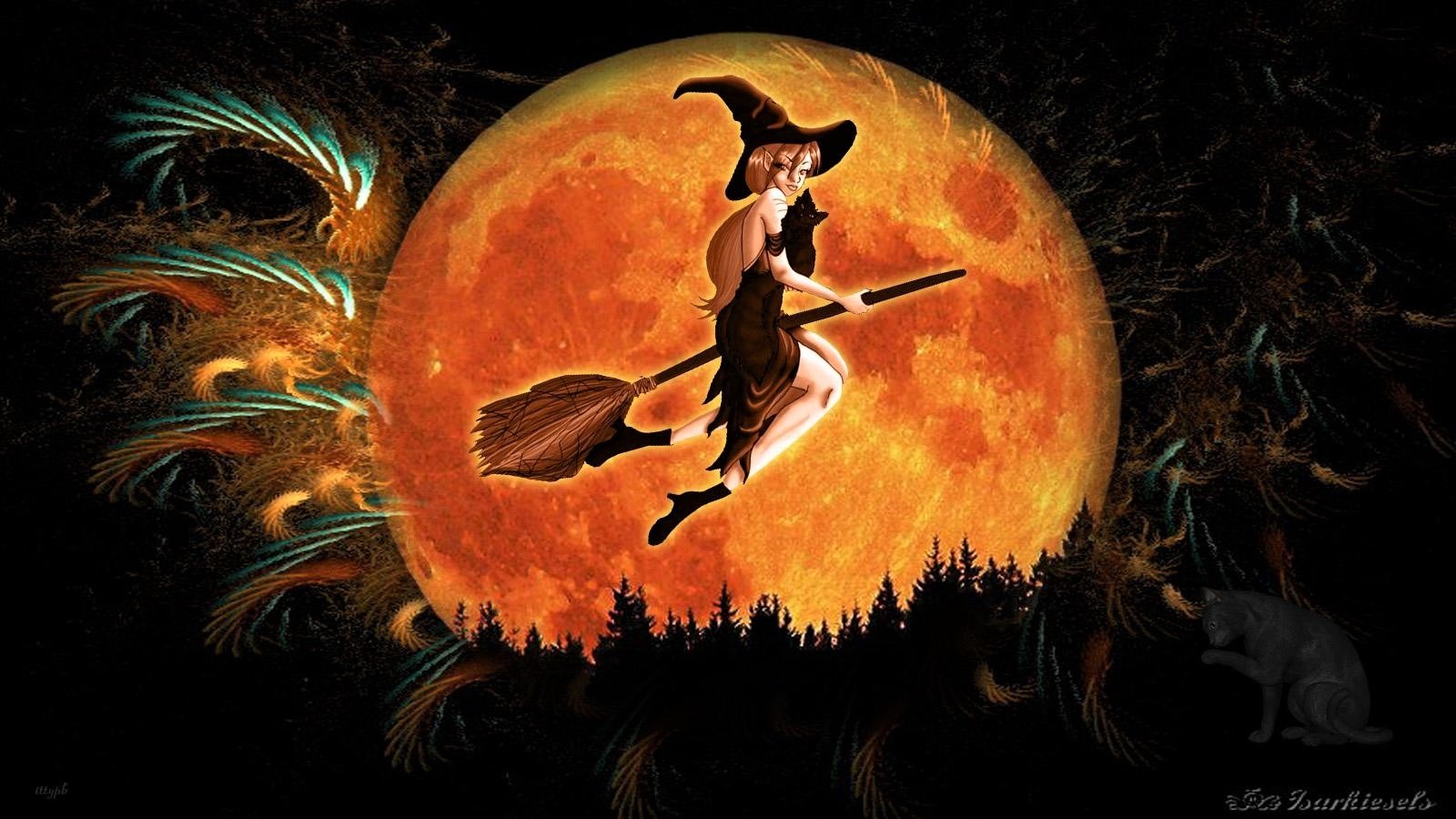 moon broomstick flying witch holiday halloween Image