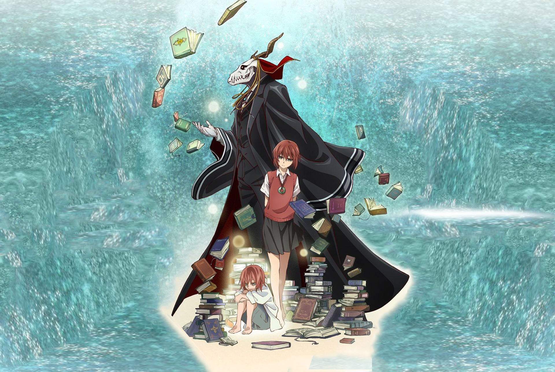 Mahoutsukai no Yome — The Ancient Magus' Bride: skull-headed Elias in a dark cloak looms over Chise (standing and seated) surrounded by scattered books on a bright, turquoise seascape.