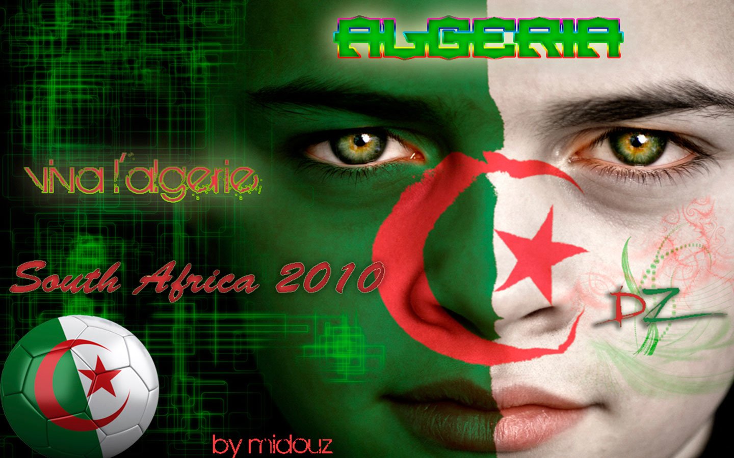 Face painted with the Algerian flag, highlighting Algeria’s participation in the 2010 World Cup soccer event in South Africa.