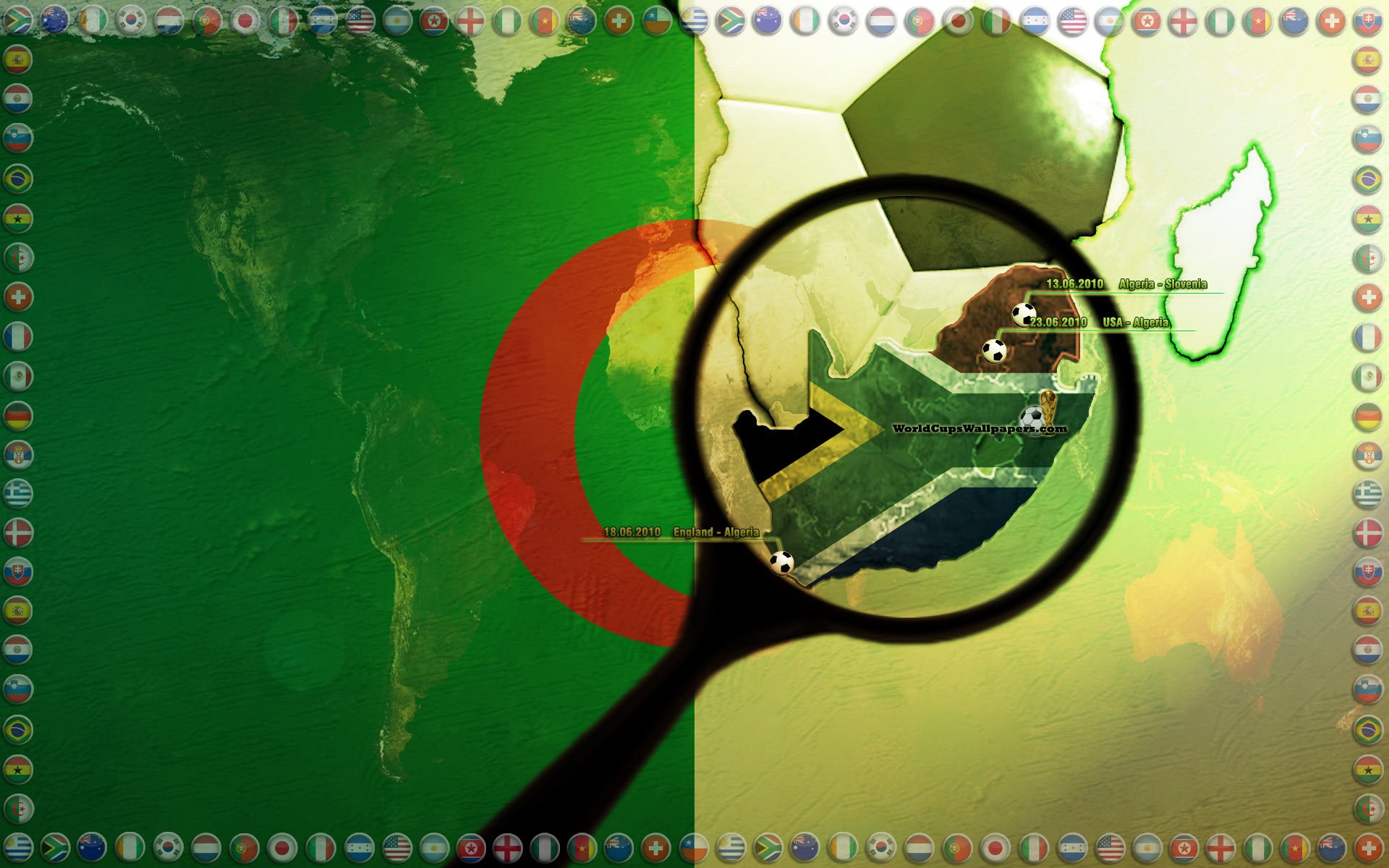 Map of African countries with a magnifying glass highlighting South Africa's flag and a soccer ball, representing the 2010 World Cup sports event.