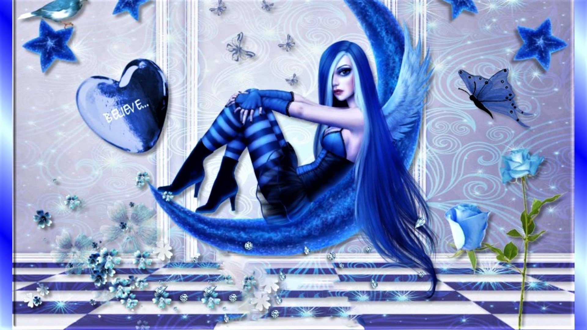 A blue-haired fairy with long hair sits on a crescent moon surrounded by stars, butterflies, and flowers in a dreamy fantasy scene.