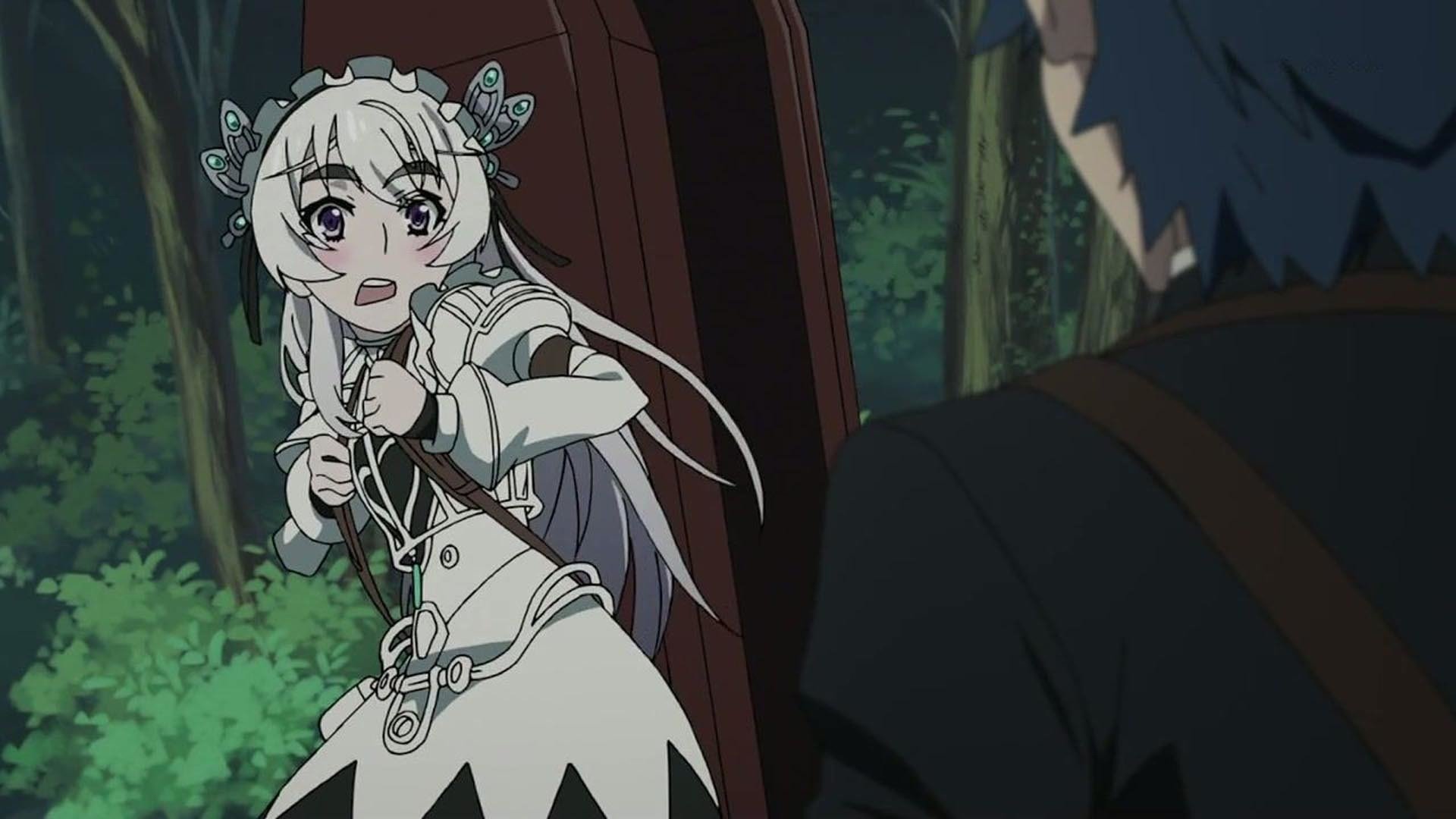 Scene from the anime Chaika -The Coffin Princess- showing a white-haired girl in a forest, startled, facing a dark-haired figure.
