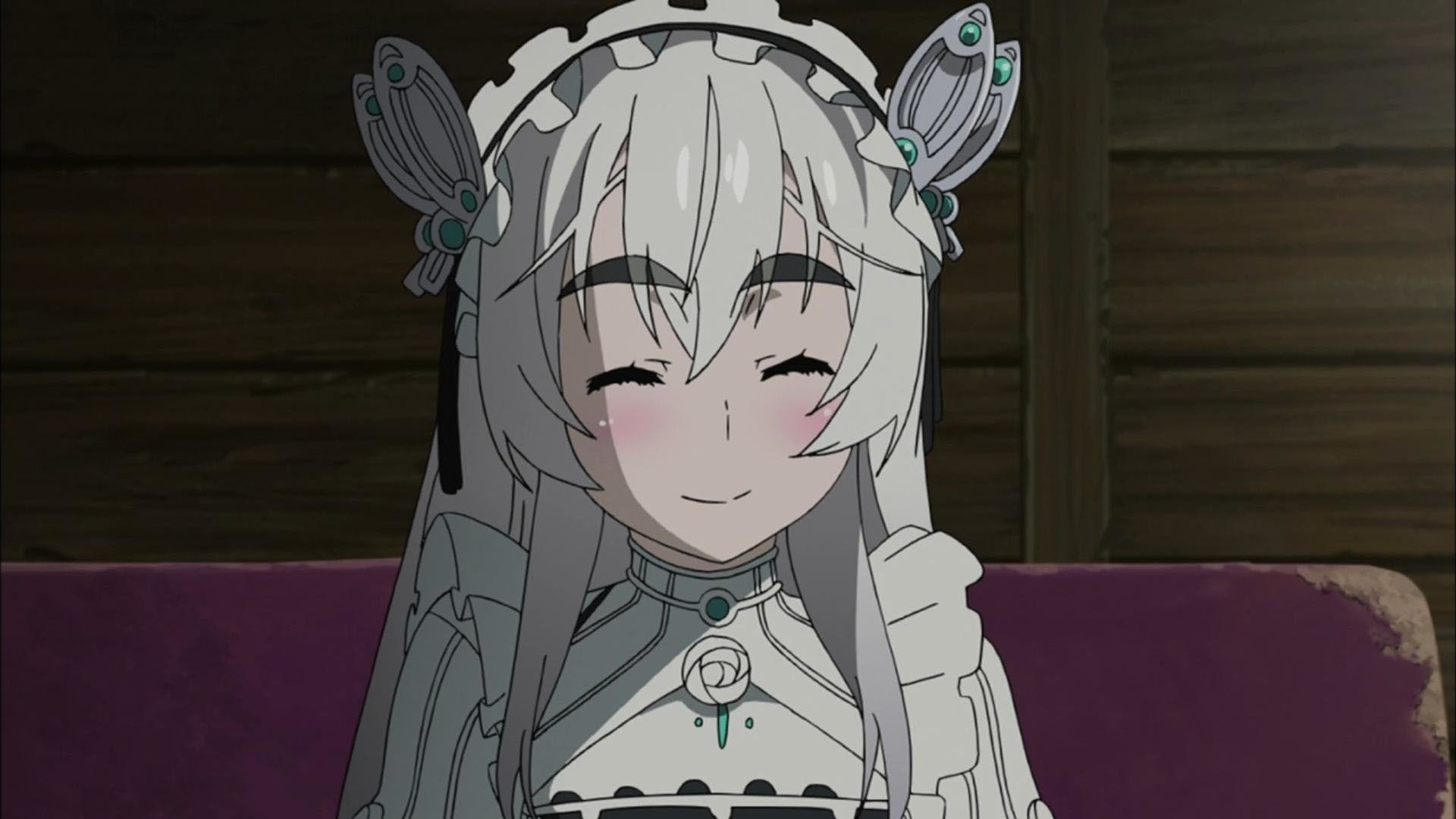 Smiling white-haired Chaika from Chaika -The Coffin Princess- in a frilled white dress and headpiece, eyes closed and blushing while seated on a purple cushion.