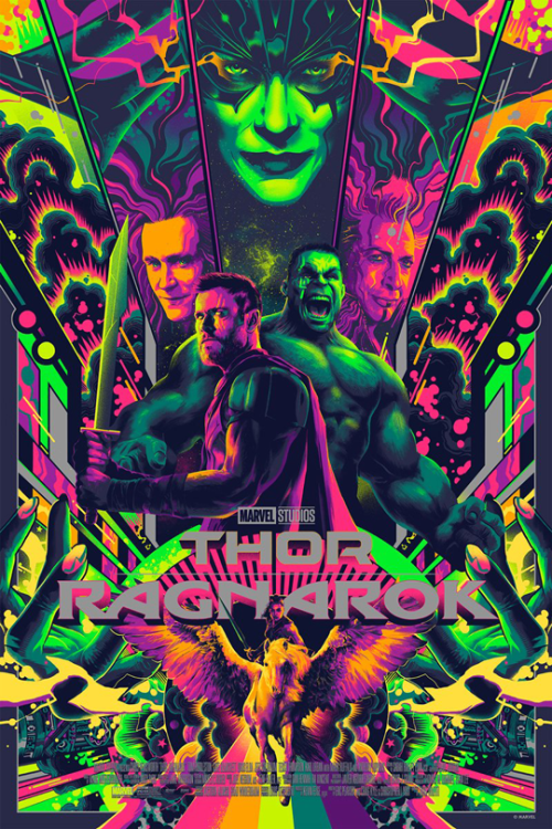 Colorful Thor: Ragnarok movie poster showing Thor and Hulk in the foreground, Loki (Marvel Comics) looming above, surrounded by neon psychedelic patterns and a winged creature at the bottom.