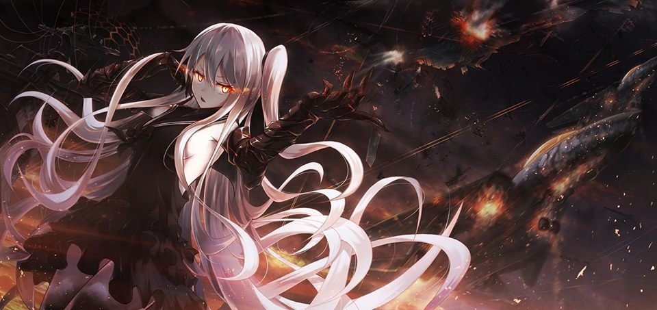Anime-style artwork from Kantai Collection featuring a character with long, flowing silver hair against a dark, explosive battlefield backdrop.