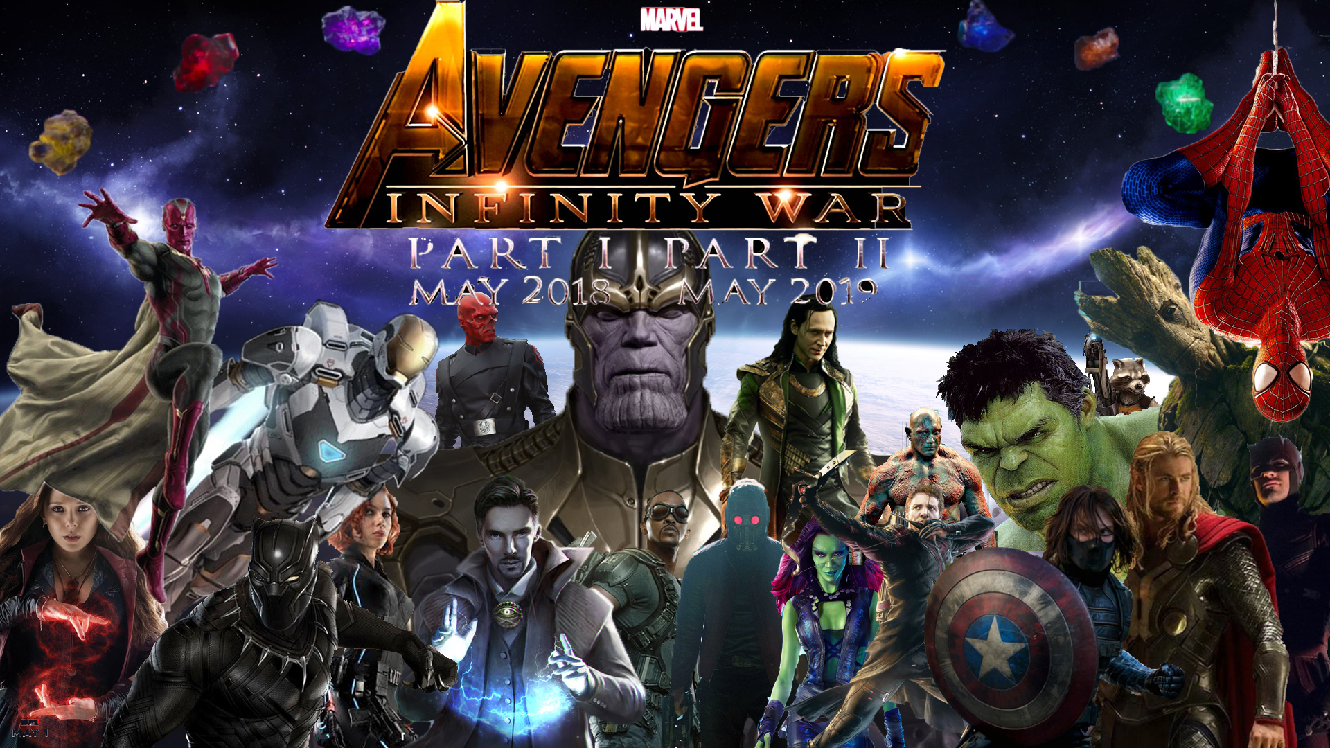 Promotional image for the movie Avengers: Infinity War featuring multiple Marvel superheroes and the title with release dates in a cosmic background.