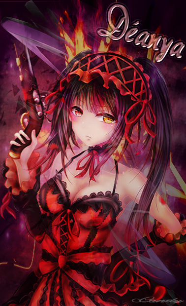 Anime character from Date A Live: gothic red-and-black lace dress, twin tails, one golden eye, holding a pistol amid swirling flames and dark ribboned accents.