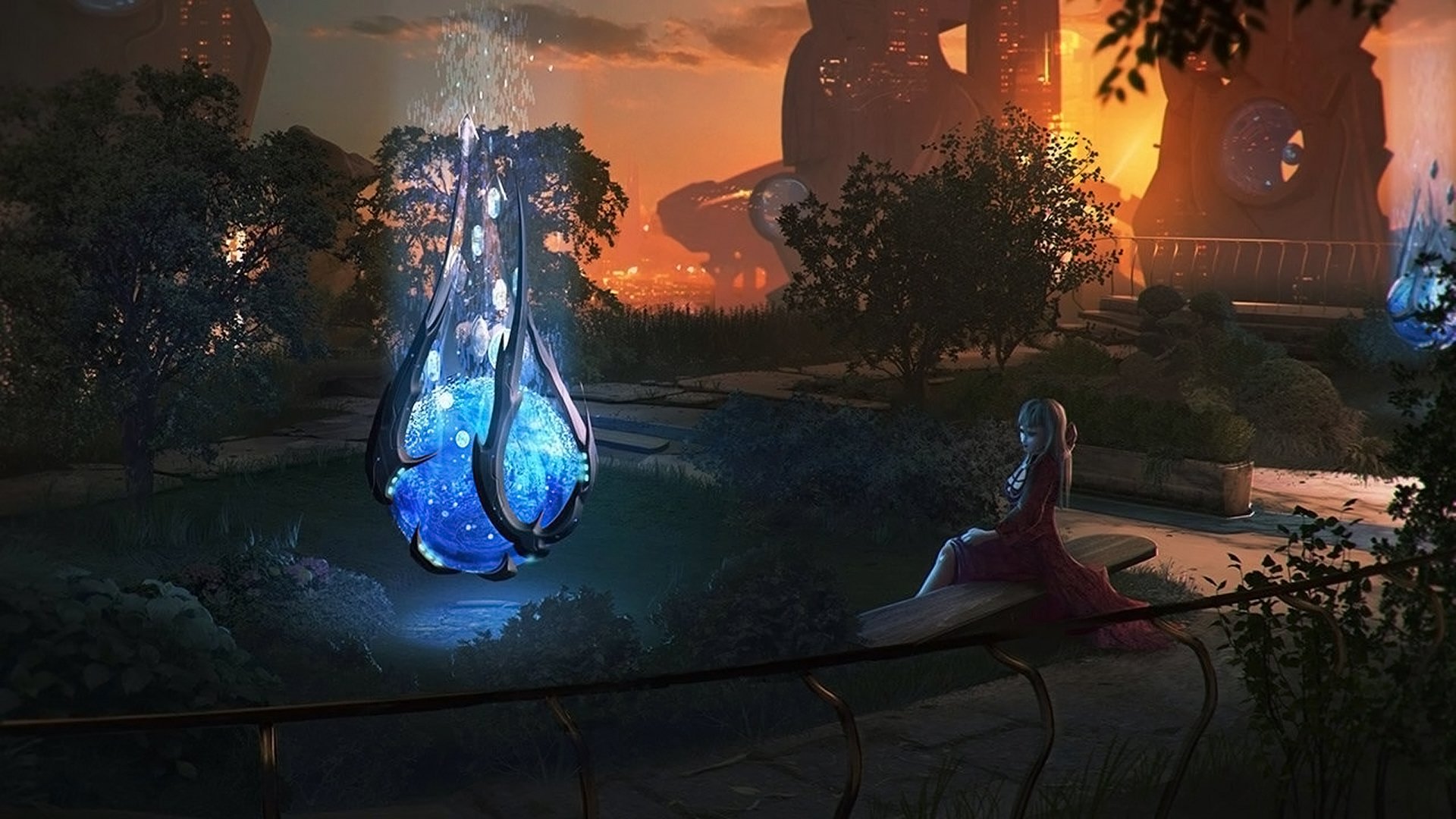 Sci-fi city garden with glowing teardrop light pods beside a sleek futuristic building at sunset; a lone figure sits on a railing watching the luminous installations.
