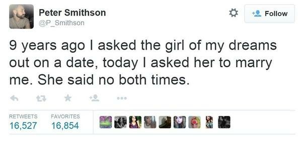 A humorous tweet recounts a man's experiences asking the same girl out on a date and then to marry him, only to receive a no both times.