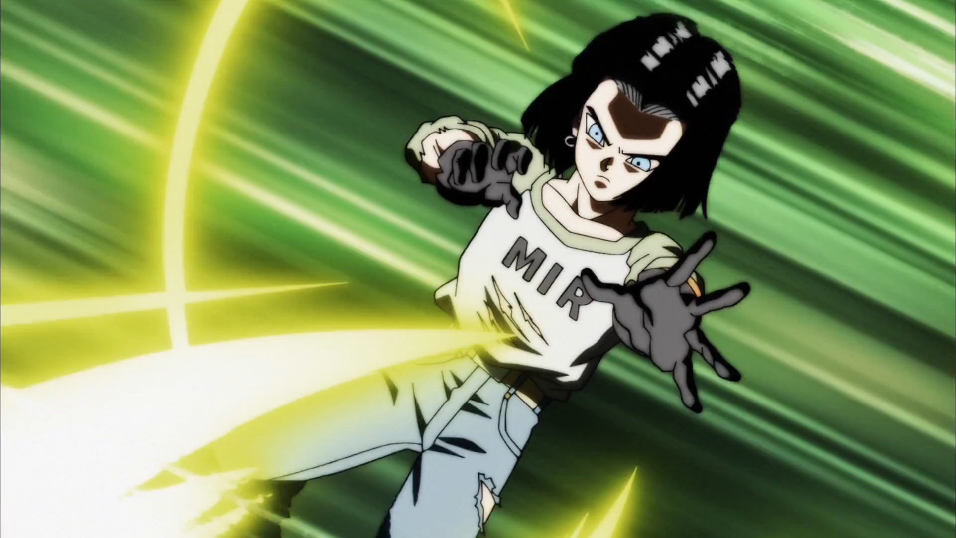 Android 17 (Dragon Ball Super) unleashes an energy blast, arms extended amid streaking green motion lines in a dynamic anime action scene.