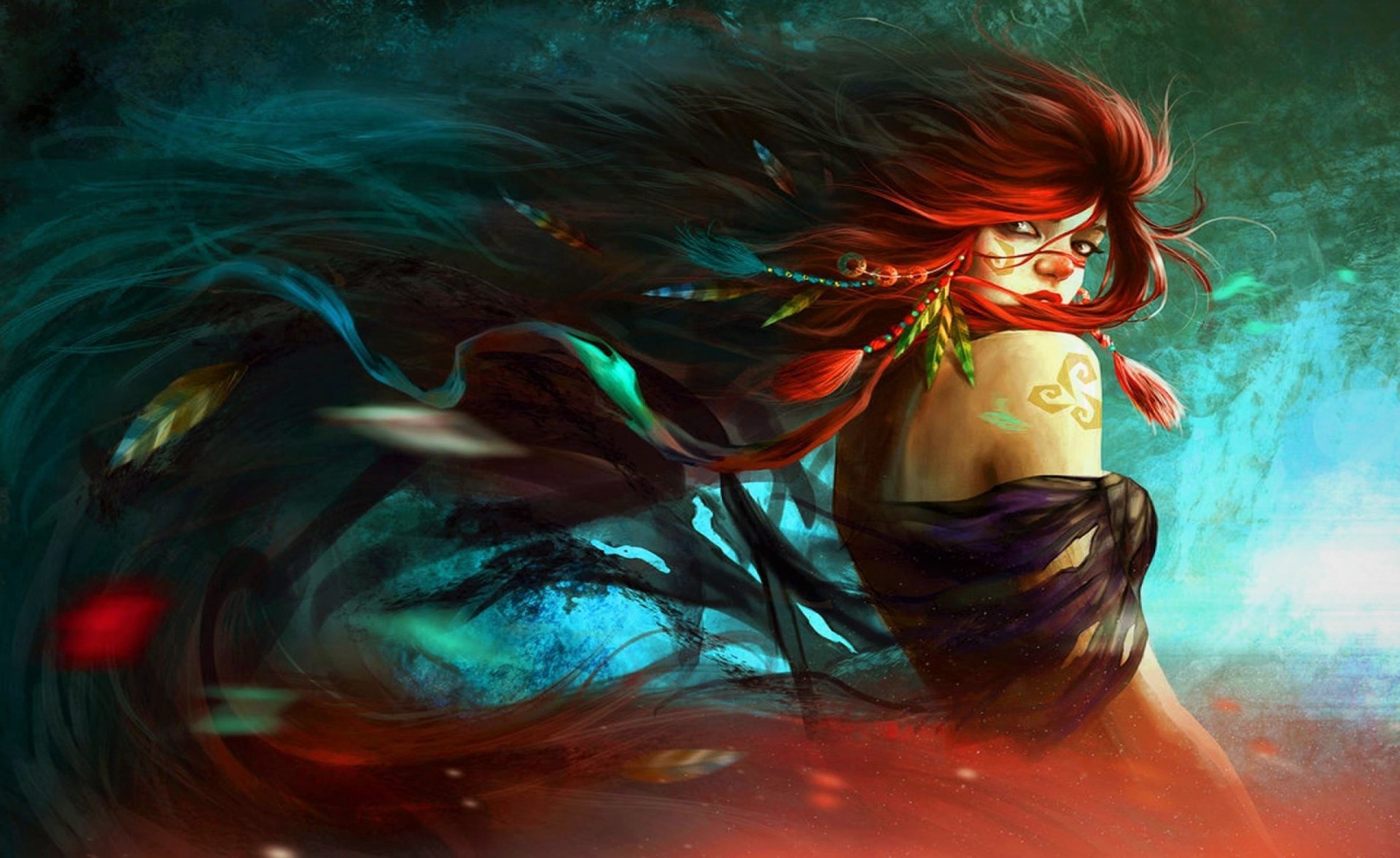 A fantasy woman with flowing red hair adorned with feathers stands gracefully, surrounded by vibrant colors and a mystical atmosphere.