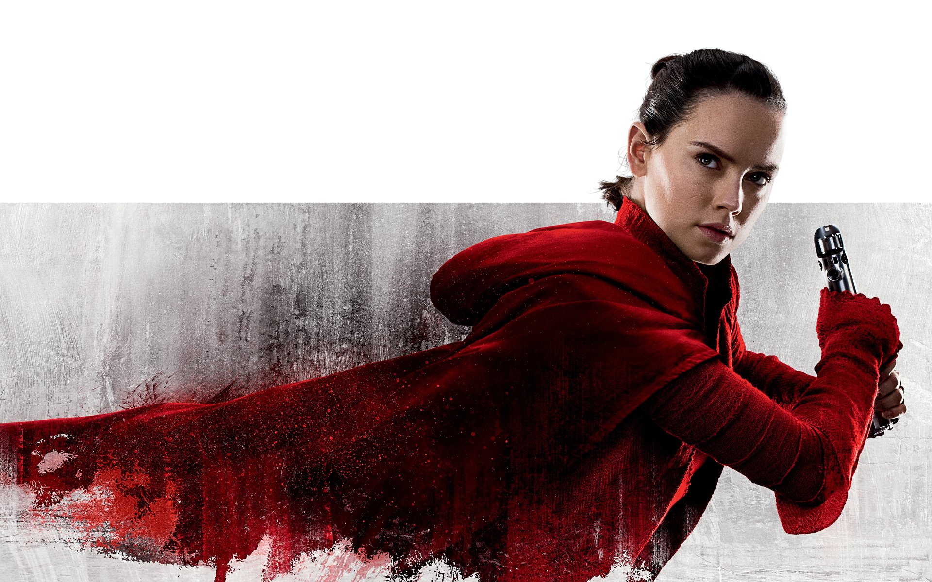 Daisy Ridley as Rey from Star Wars: The Last Jedi, wielding a lightsaber with a striking red cape flowing behind her against a textured backdrop.