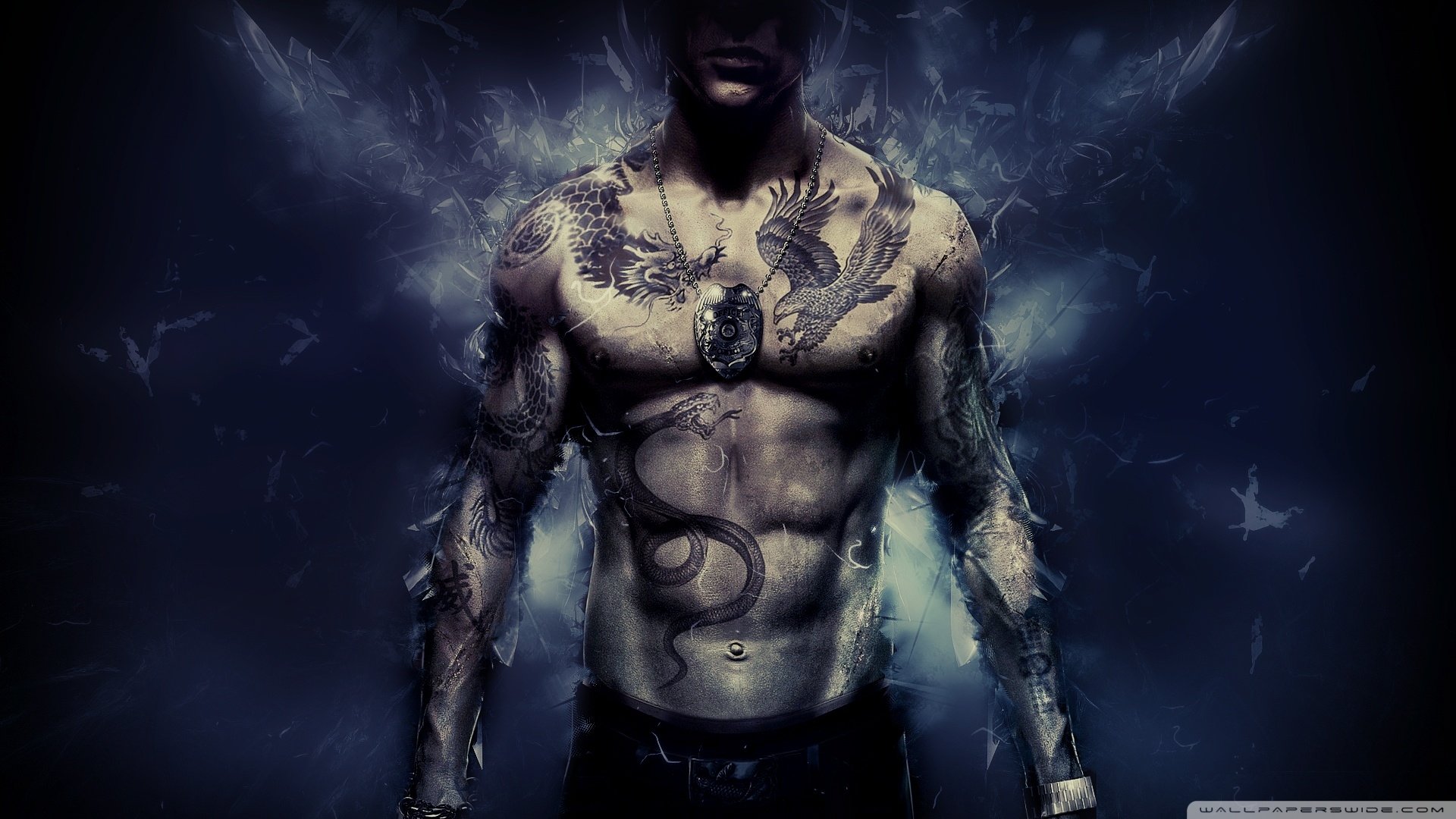 A muscular, tattooed man inspired by the video game Sleeping Dogs, featuring detailed dragon tattoos on his arms and chest against a dark, moody background.