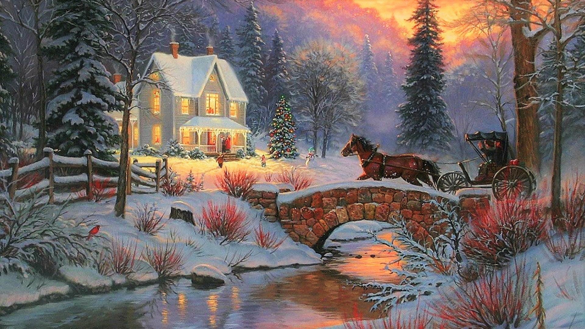 Artistic winter painting of a snowy forest with a cozy house, a stone bridge, and a horse-drawn carriage crossing a tranquil stream at sunset.