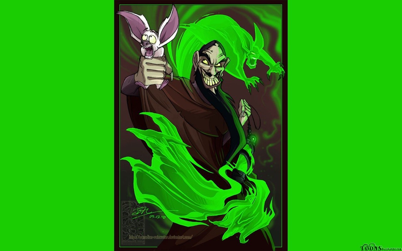 A dark, menacing character from the movie Anastasia conjures green magical energy while holding two small creatures.