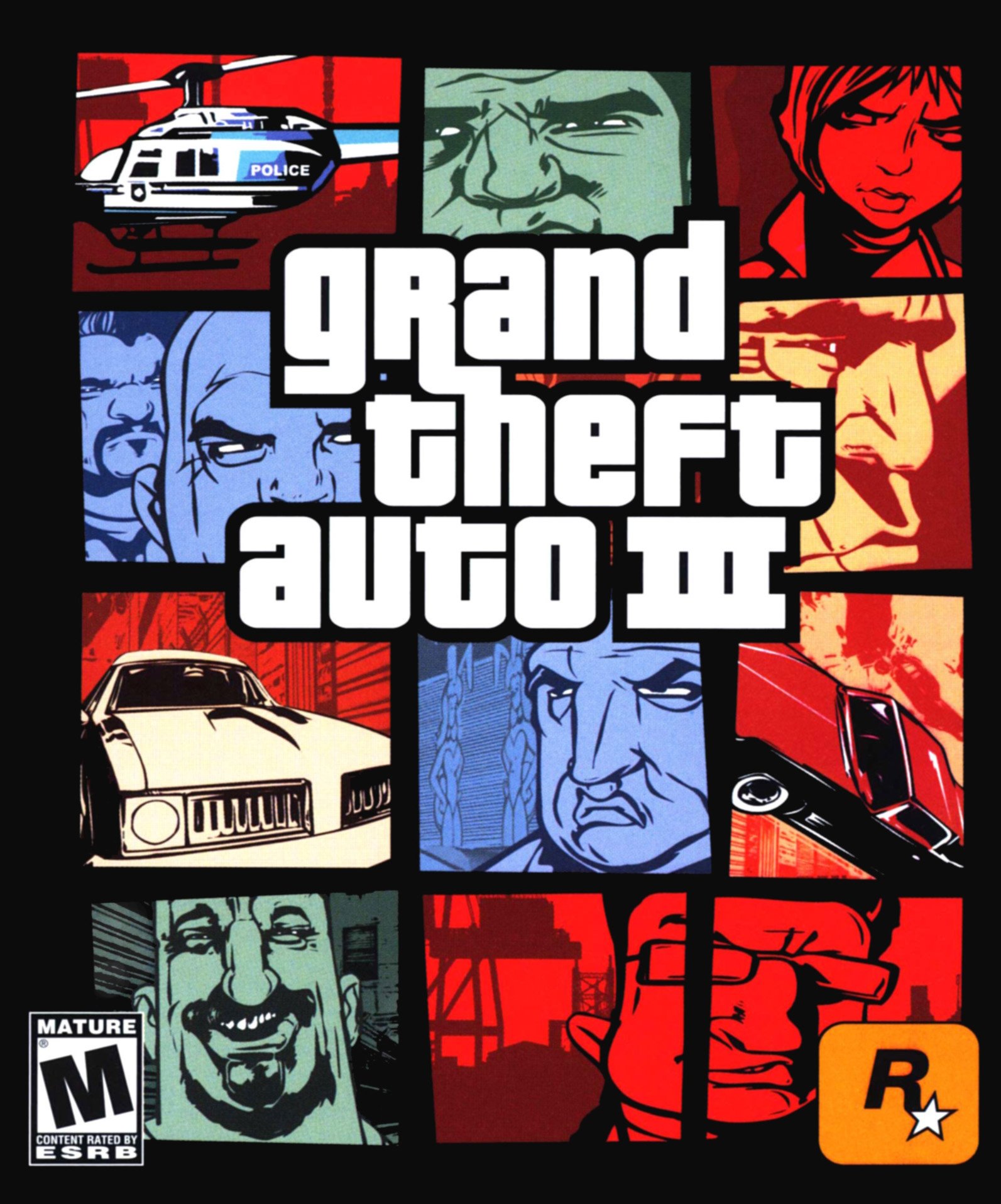 Cover art for the video game Grand Theft Auto III featuring a collage of characters, a police helicopter, a car, and the game's title prominently in the center.