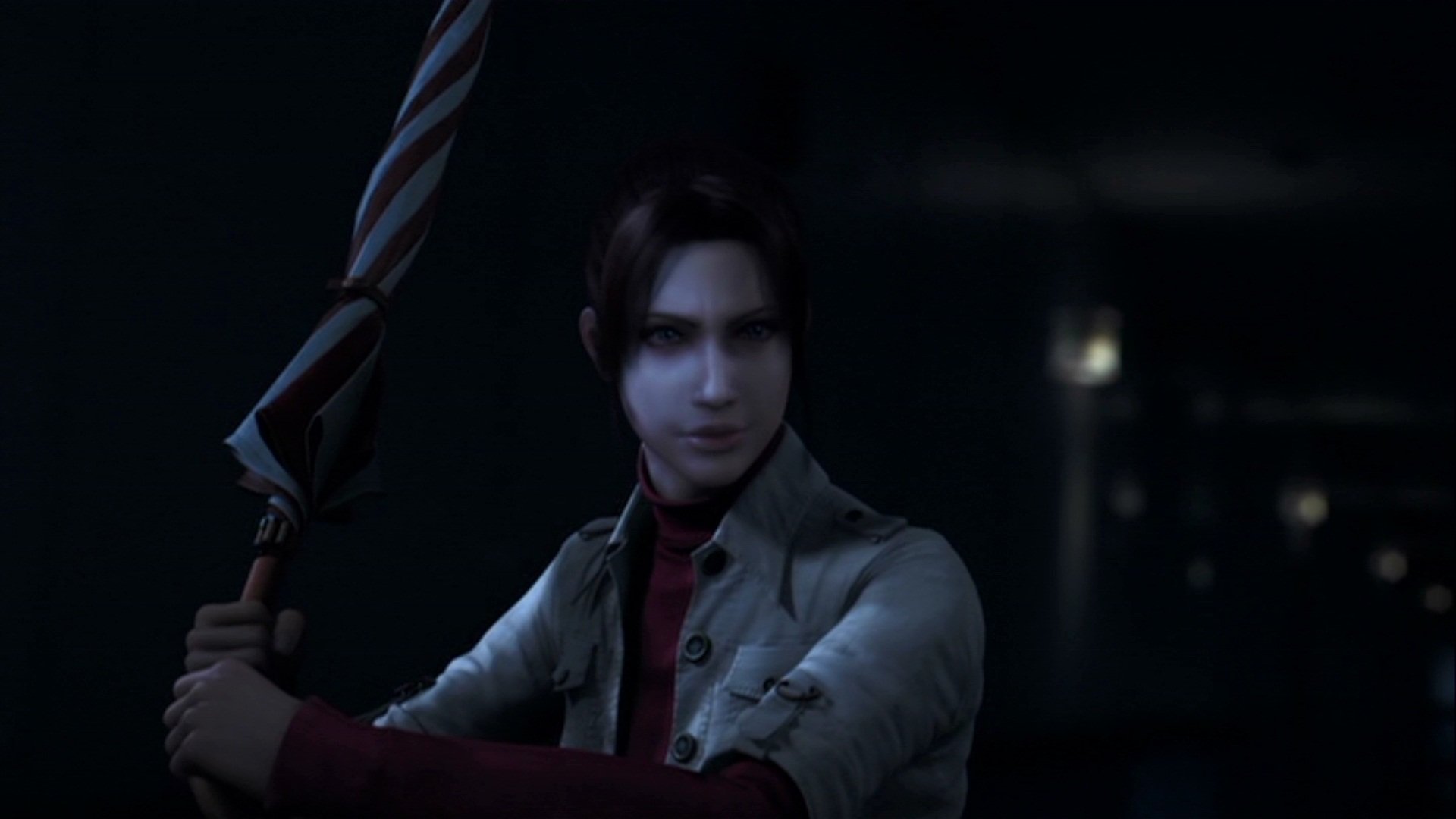 A tense scene from the movie Resident Evil: Degeneration shows a character holding a weapon in a dark, eerie setting.