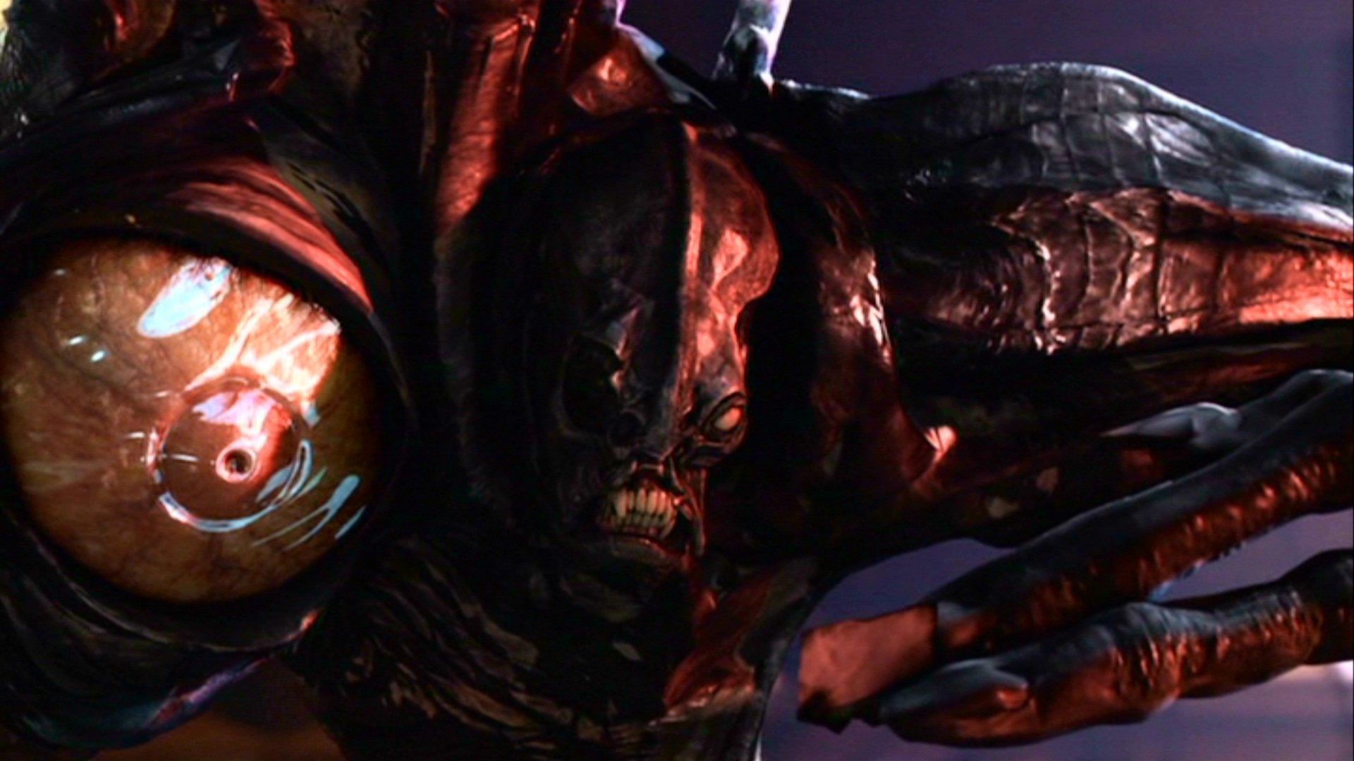 A grotesque, mutated creature with a large, glowing eye from the movie Resident Evil: Degeneration, shown in a dark, eerie setting.