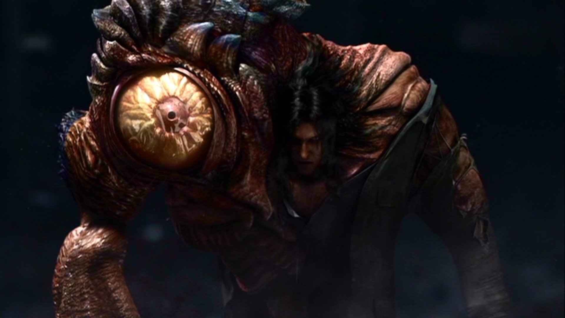 A monstrous creature with a large eye looms behind a dark figure in a scene from the movie Resident Evil: Degeneration.