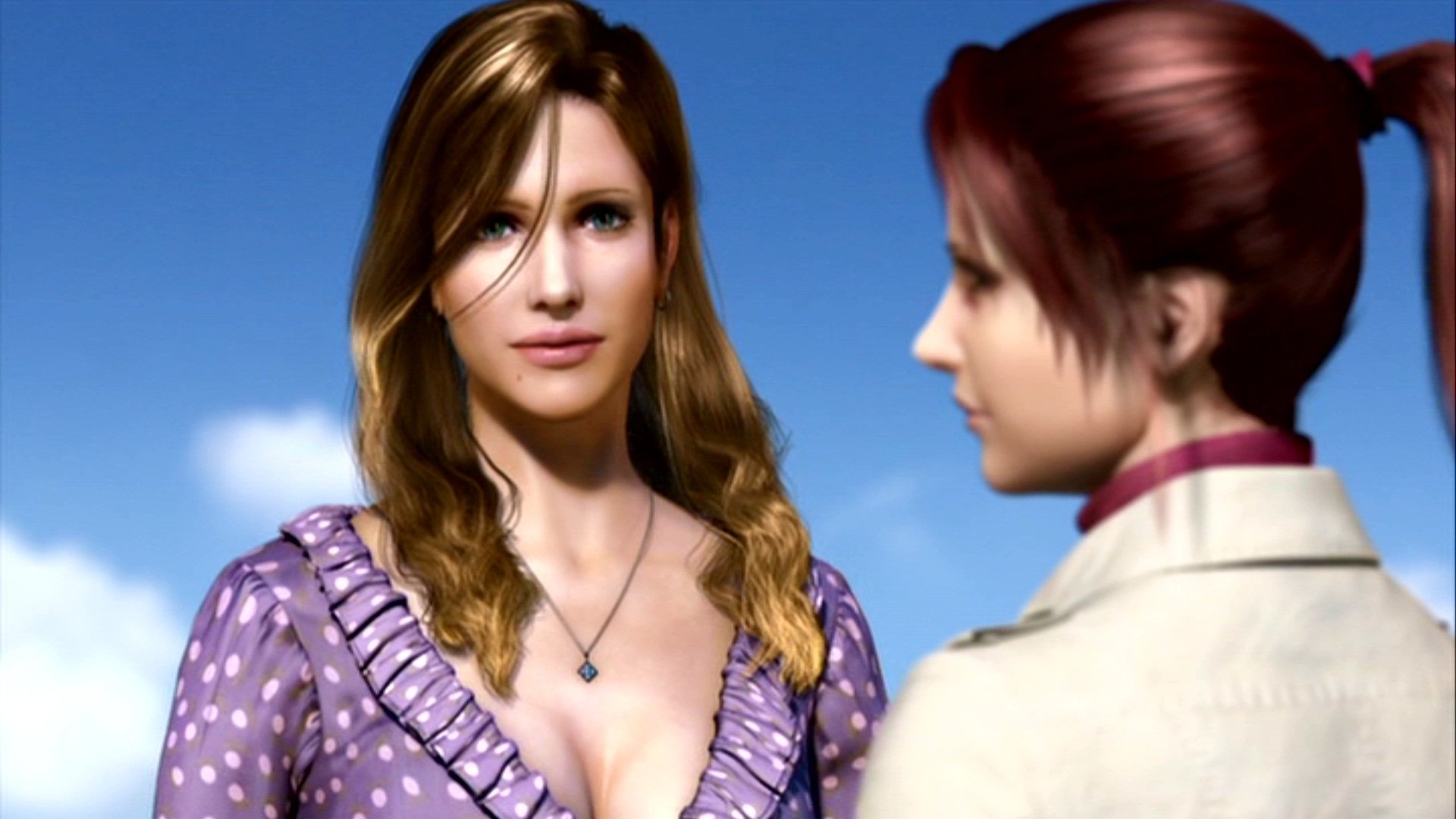 Two animated women against a blue sky from the movie Resident Evil: Degeneration — one in a purple dress facing the viewer, the other with red hair seen in profile.