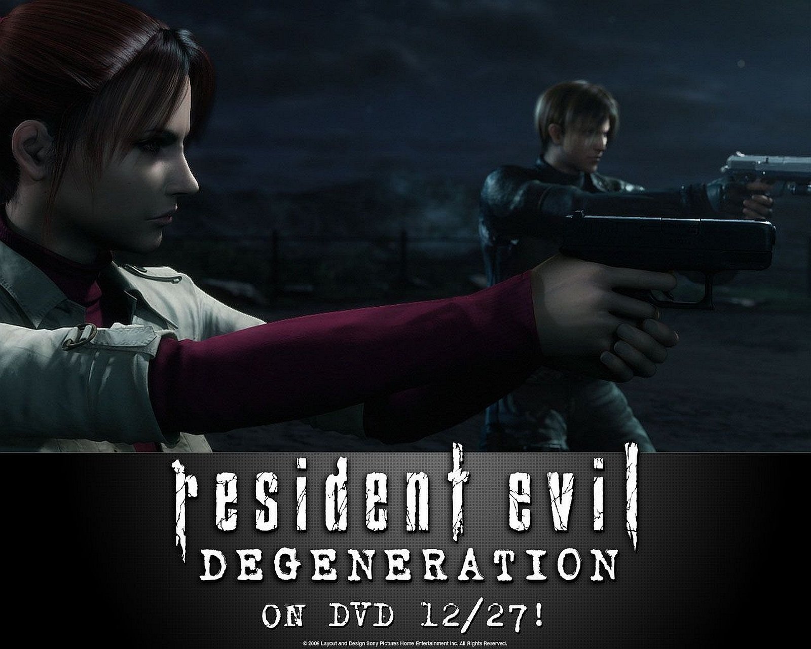 Promotional image for the movie Resident Evil: Degeneration featuring two characters aiming guns in a dark, tense setting, with release information below.