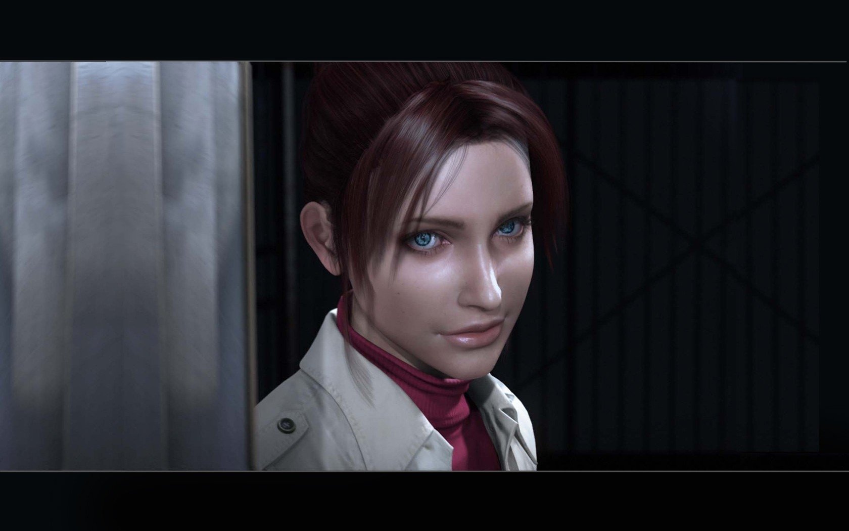 Claire Redfield from Resident Evil: Degeneration peeks from behind a pillar, wearing a white jacket and red scarf, her expression focused and alert.