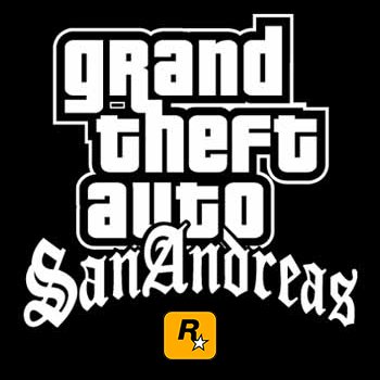 Logo for the video game Grand Theft Auto: San Andreas — white stylized title text on a black background with the yellow Rockstar Games emblem.
