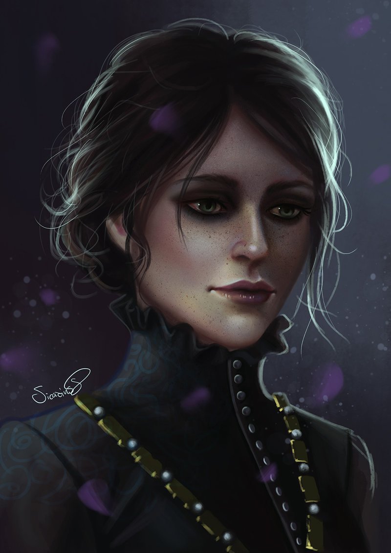 Portrait of a dark-haired woman with a somber expression, set against a moody background, inspired by the video game The Witcher 3: Wild Hunt.