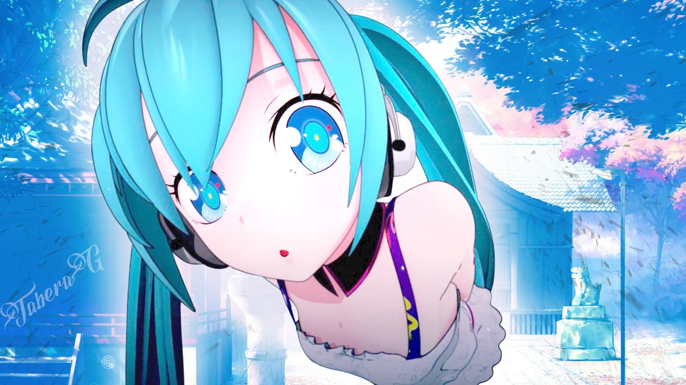 Anime-style image of Hatsune Miku with vibrant blue hair and striking blue eyes, set against a serene sky background with soft lighting.