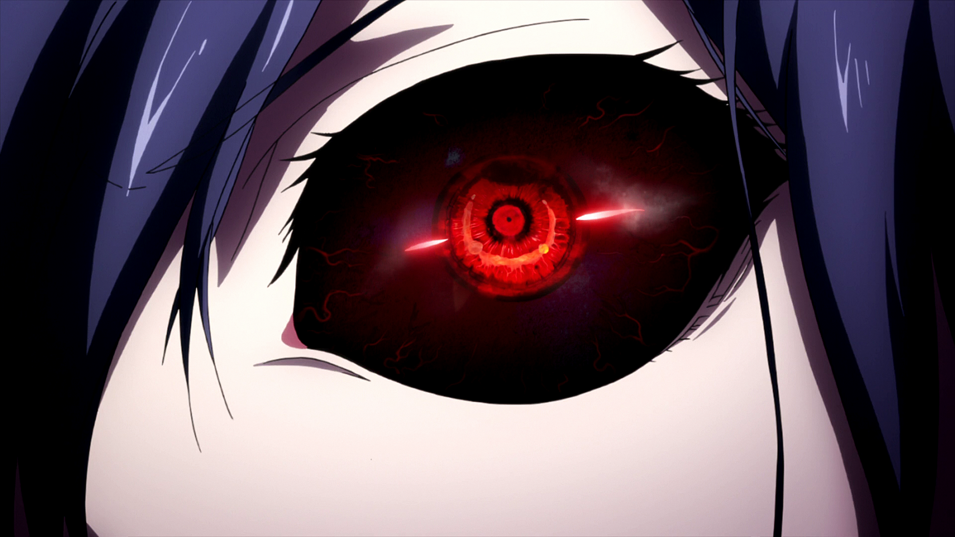 Close-up of Touka Kirishima’s red kagune eye from the anime Tokyo Ghoul, showing intricate details and intense expression.
