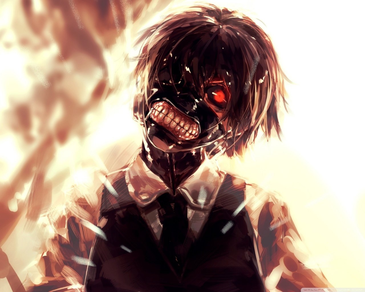 Anime-style illustration of a Tokyo Ghoul character with a dark mask, one glowing red eye, and a sinister grin, set against a bright, fiery background.