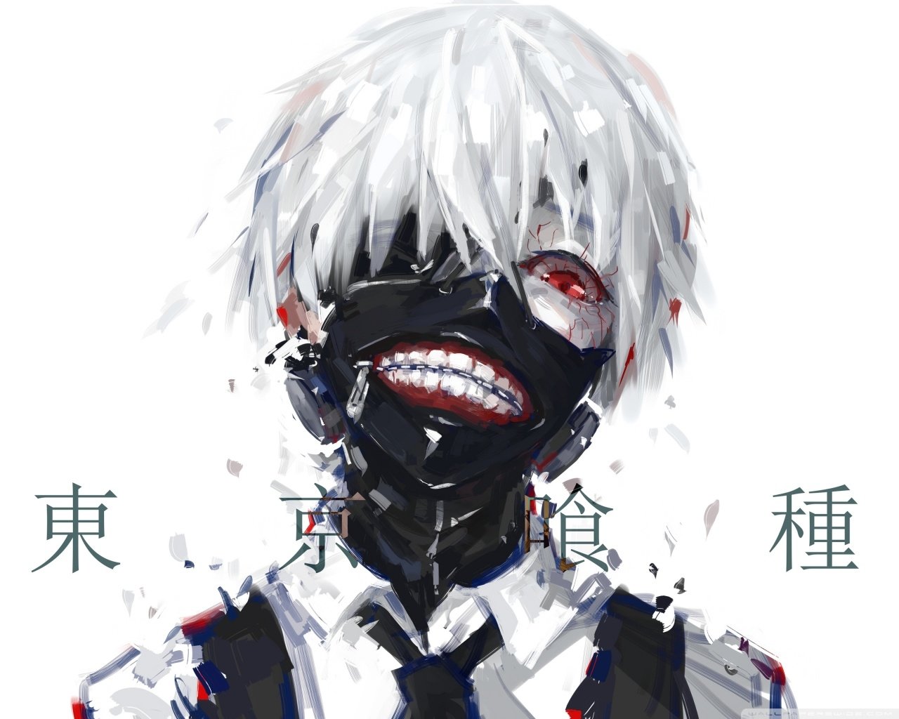 Anime-style illustration of a Tokyo Ghoul character with white hair, a black mask covering the lower face, and a visible red eye, set against a white background.