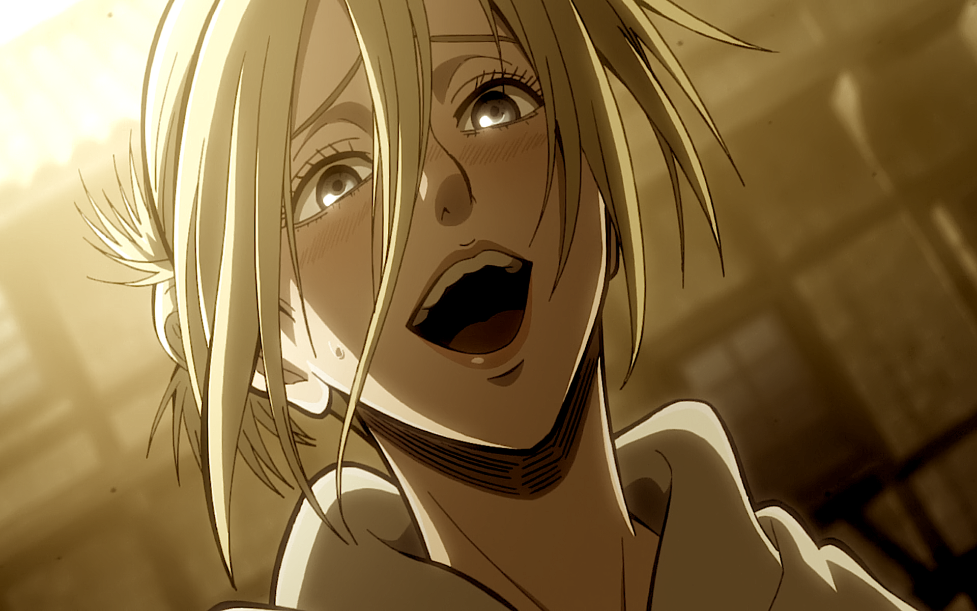 Annie Leonhart from Attack on Titan with a wide, intense smile, illuminated by warm light in an anime-style scene.