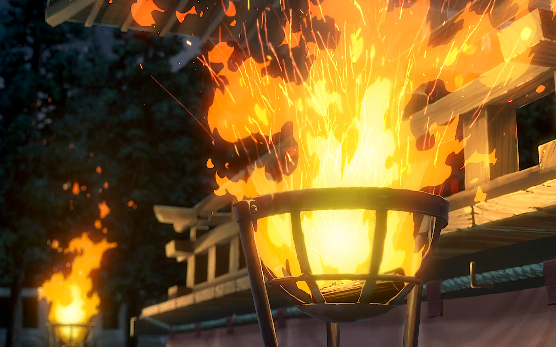 Anime scene from Your Name. A torch brazier ablaze, roaring fire casting warm light across a nighttime shrine.