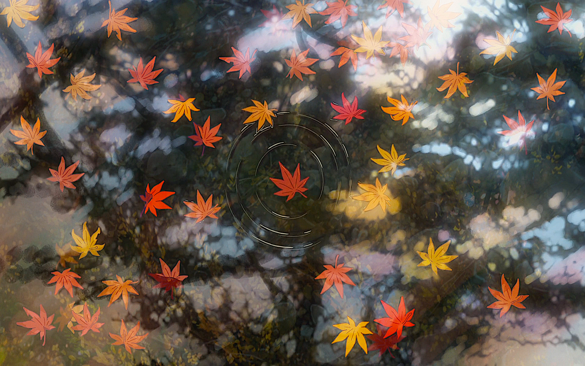 Autumn leaves float on water, reflecting the surrounding nature in a serene scene inspired by the anime Your Name.