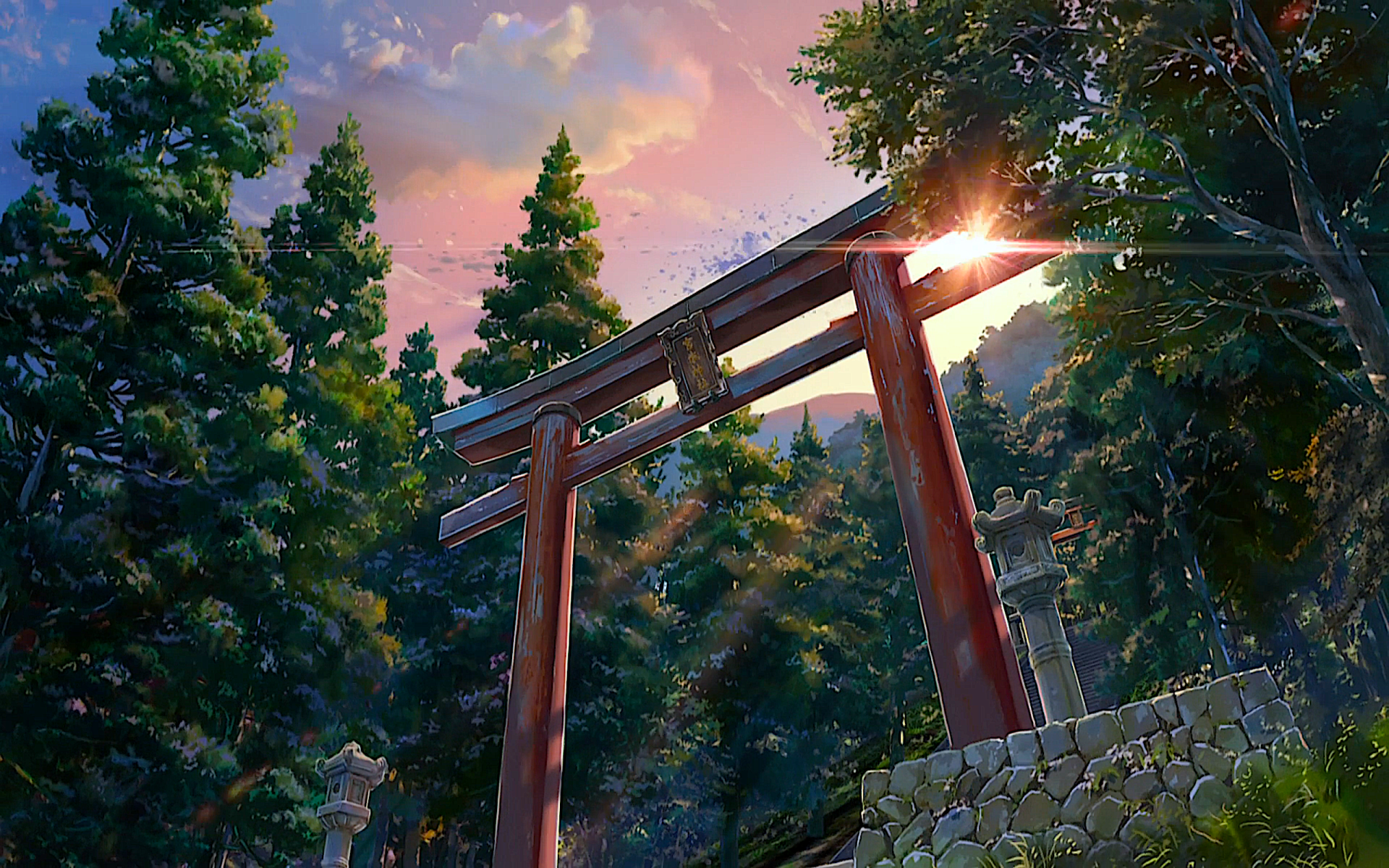Anime-style depiction of a traditional Japanese torii gate set among trees, with a colorful sky and clouds at sunset, inspired by Your Name.