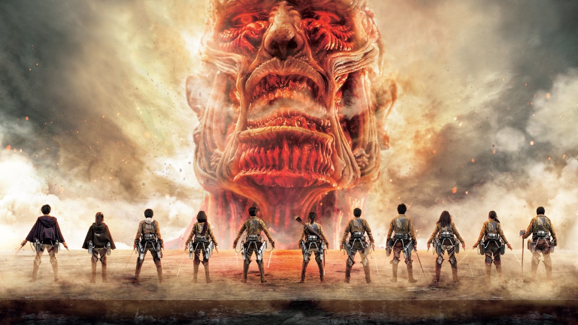 A dramatic scene from the anime Attack on Titan, featuring a massive Titan looming over a group of characters prepared for battle against the powerful foe.