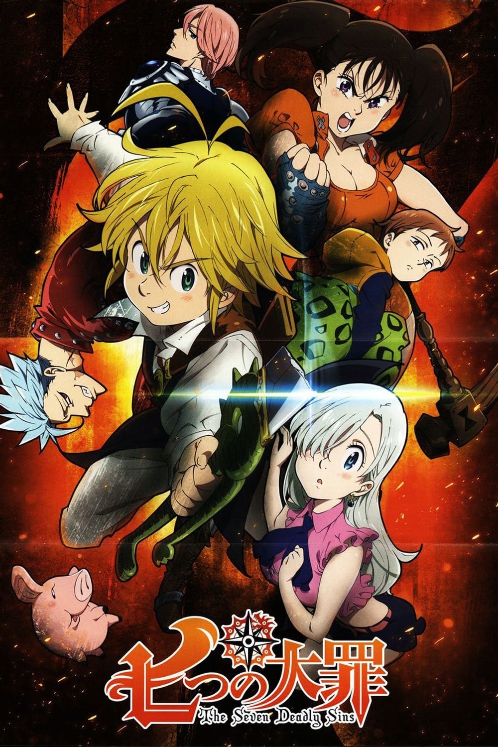 Anime poster of The Seven Deadly Sins: Meliodas front-and-center with Elizabeth, Ban, Diane, King and Hawk in a dynamic, action-packed group pose.