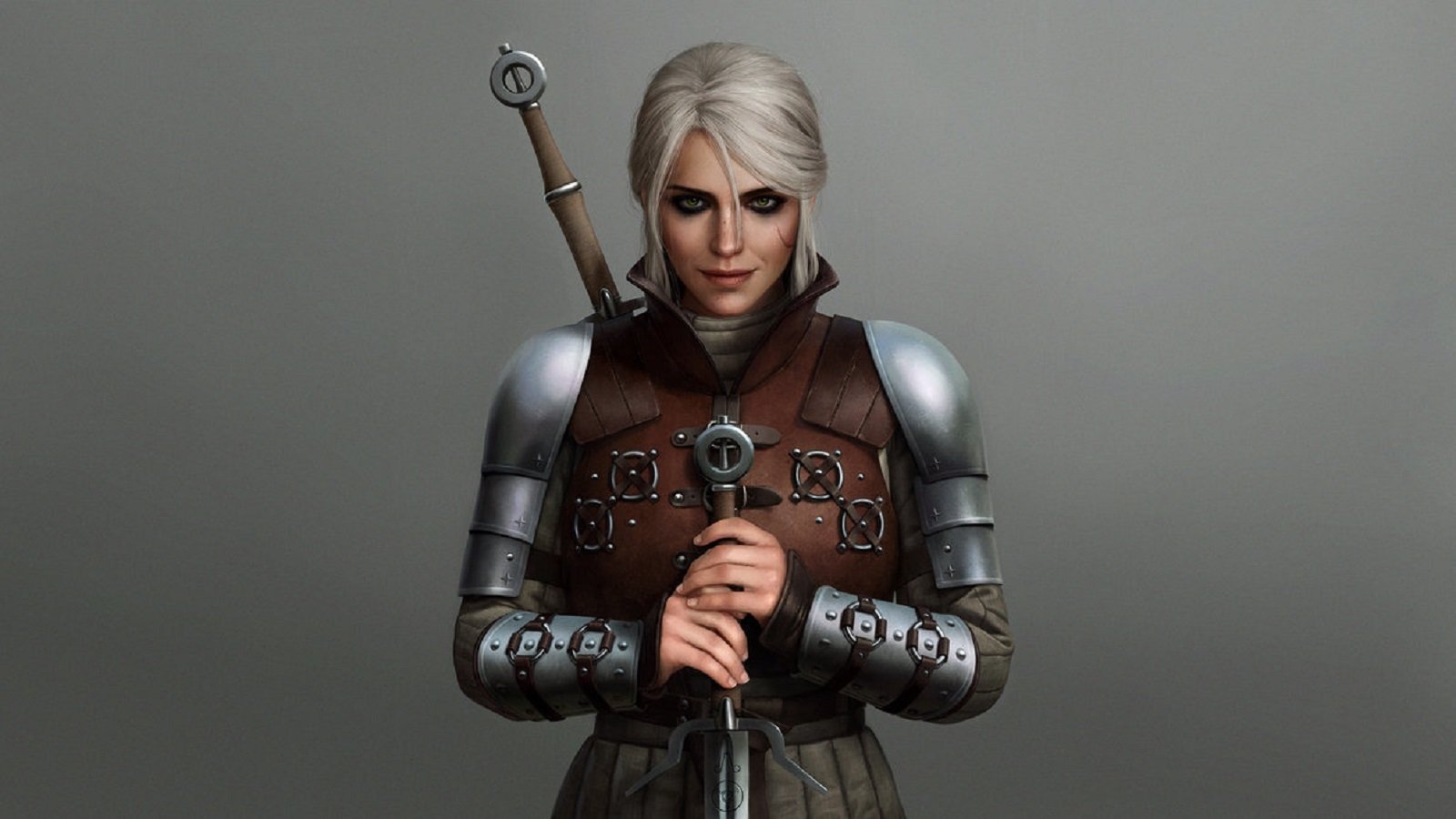 Ciri from The Witcher 3: Wild Hunt — white-haired warrior in armor grips a sword, facing forward against a neutral gray background.