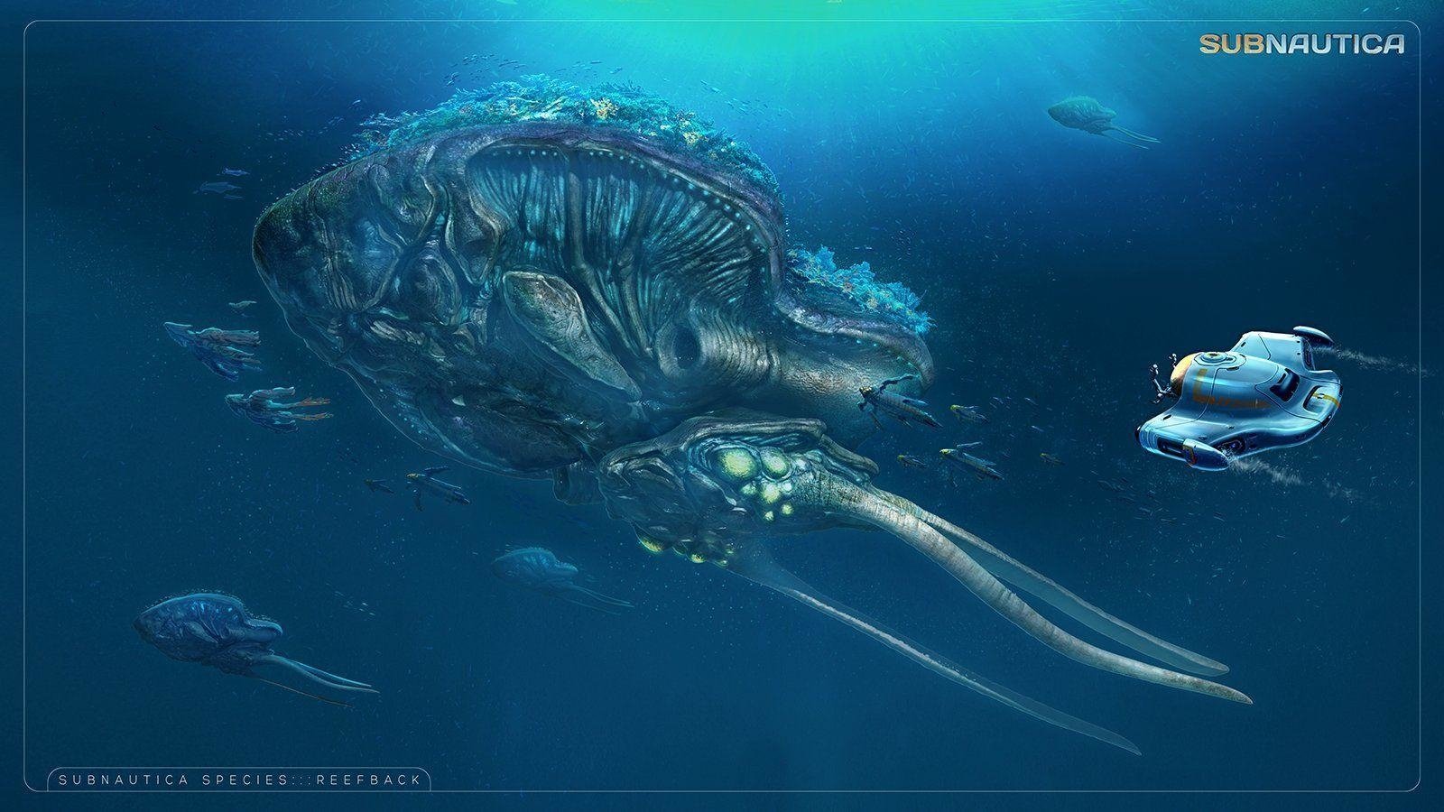 Underwater scene from the video game Subnautica: a massive whale-like leviathan with long tusk-like mouthparts glides past while a small player sub hovers nearby.