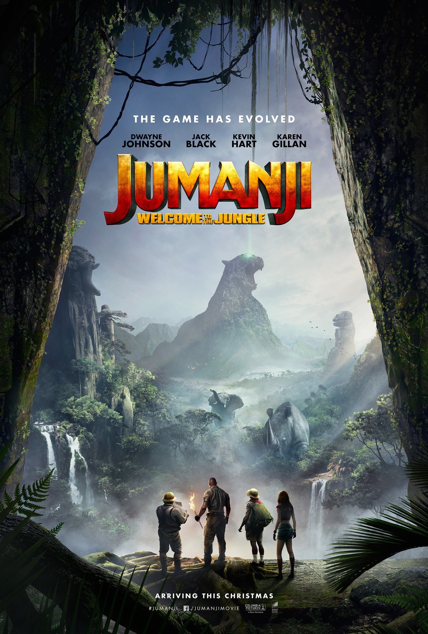 Movie poster for Jumanji: Welcome to the Jungle — a Jumanji adventure fantasy showing four figures overlooking a misty jungle valley with waterfalls and a towering rock formation