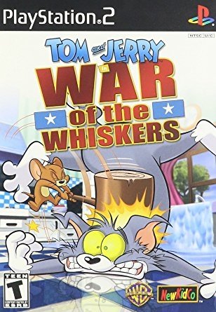 PlayStation 2 cover of the video game Tom and Jerry: War of the Whiskers — Jerry swings a mallet, striking a dazed Tom in a chaotic kitchen scene.