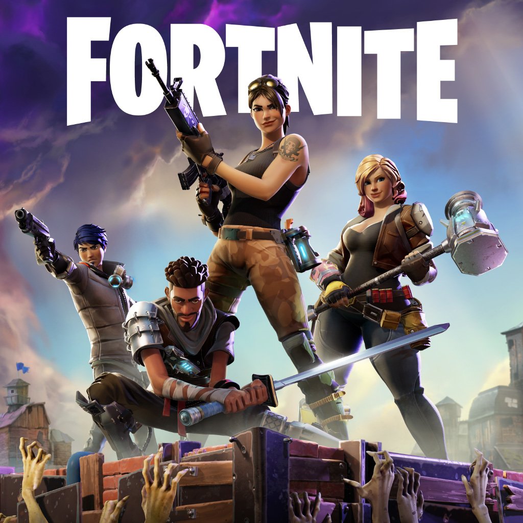 A dynamic Fortnite scene features four diverse characters armed and ready for action, set against a vibrant backdrop of the game's unique world.