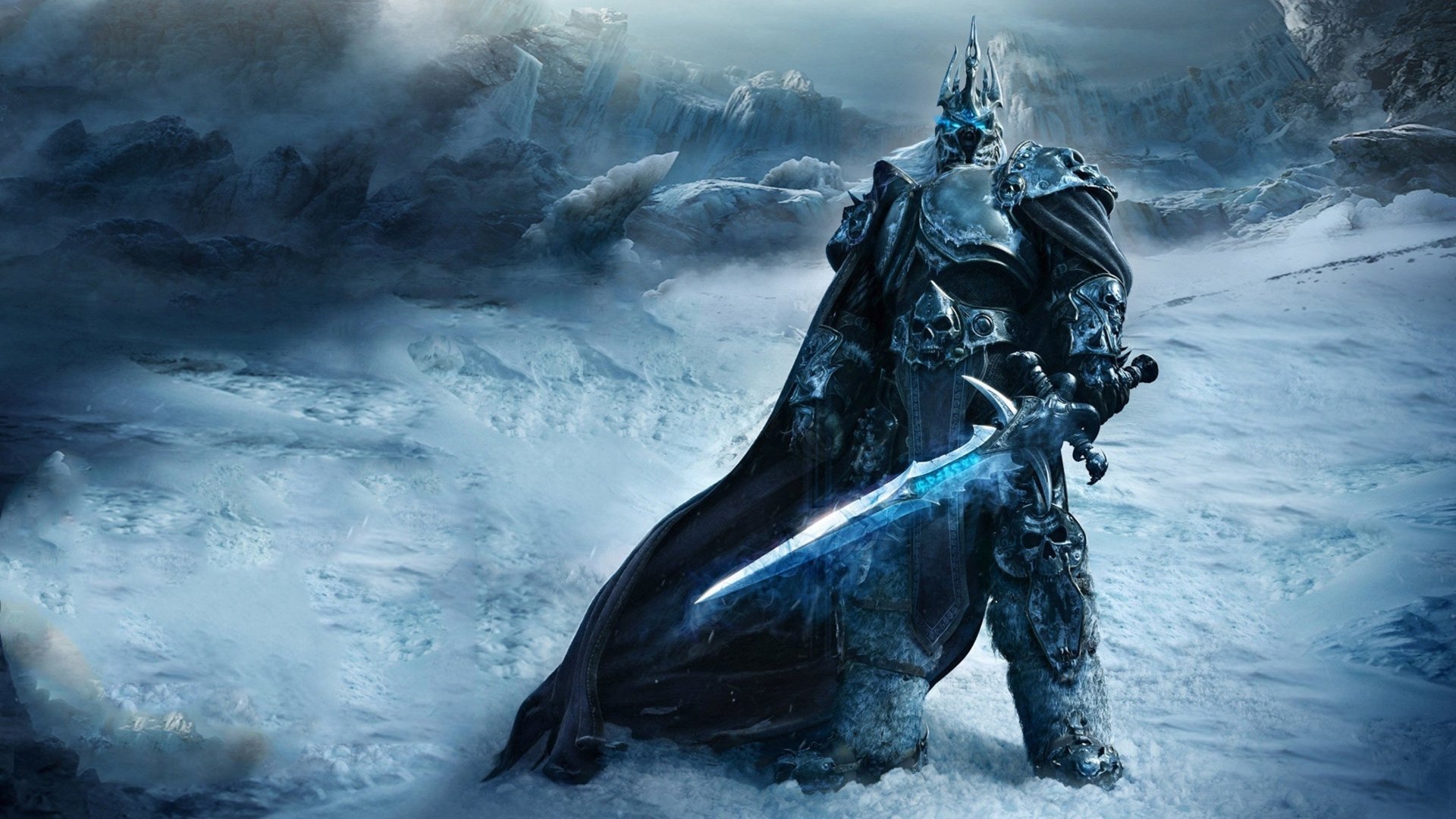 Video game World of Warcraft: the Lich King stands in a frozen wasteland, armored with an icy crown, gripping the glowing runed sword Frostmourne as snow swirls around him.