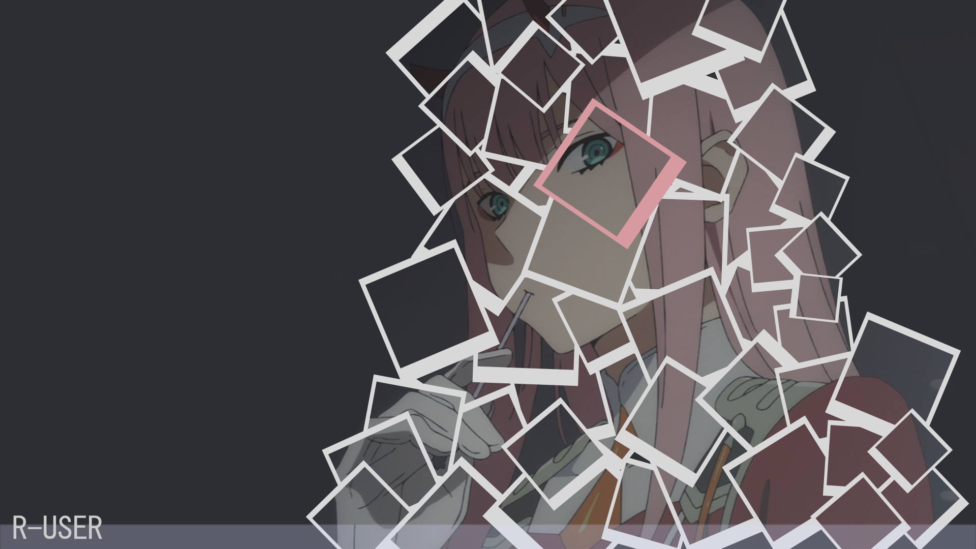 Zero Two (Darling in the FranXX) portrait framed by overlapping translucent squares and a single pink outline against a dark background.