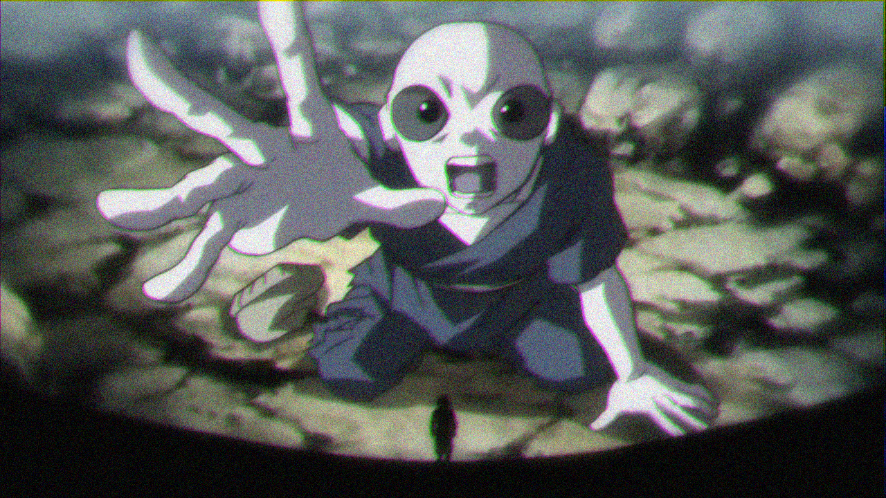 Jiren (Dragon Ball Super) looms in a dramatic anime low-angle shot, reaching toward a tiny silhouetted opponent on a cracked arena floor.