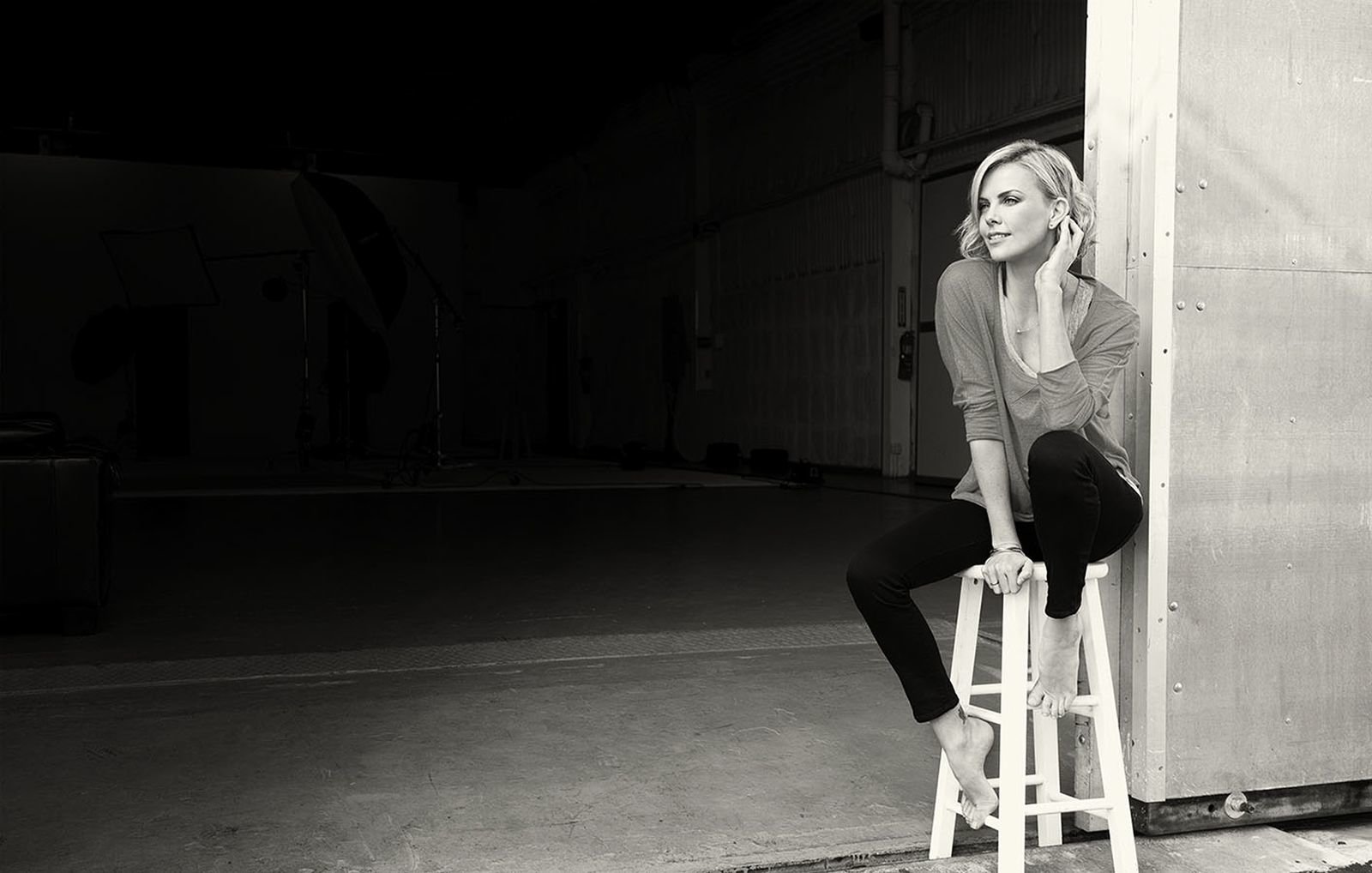 Black & White South African smile actress Celebrity Charlize Theron Image
