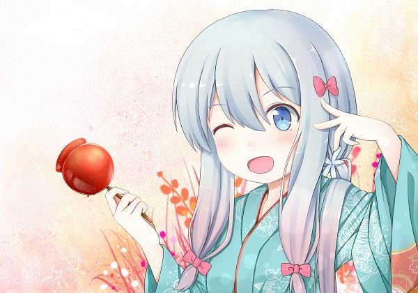 Sagiri Izumi from Eromanga-Sensei, an anime character in a teal kimono, winking and holding a candy apple in a bright, pastel illustration.