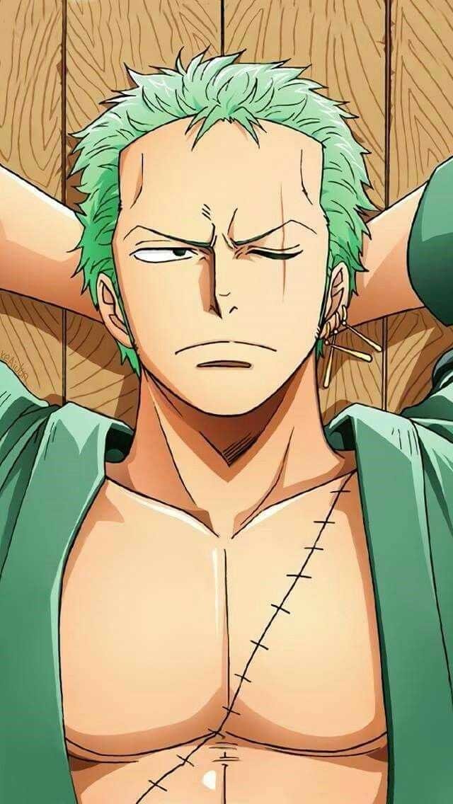 Anime swordsman Roronoa Zoro from One Piece reclining against wooden planks, arms behind his head, green hair, chest scar, stern expression.
